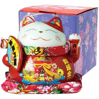 Jade Temple Maneki Neko Winkekatze Rot mit Fächer, Spardose, japanische Glücksbringer Katze, asiatisches Deko-Objekt, Porzellan, 14cm Höhe, 15cm Durchmesser, mit Kissen, 1 Stück in Geschenkbox