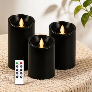 AiiBowy Led Kerzen [3er Set] Flammenlose Echtwachs Flackernde Dimmbar mit Fernbedienung Weihnachtskerzen led kerzen adventskranz 4"/5"/6” Tischdeko, Halloween, Weihnachten, Hochzeit, Party (Schwarz)
