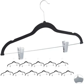 Relaxdays Relaxdays, schwarz Samtbügel mit Clips 12er Set, 360° drehbarer Haken, Hosenbügel, rutschfeste Hemdenbügel, 43 cm breit, Metall, Samt, 10024379_46