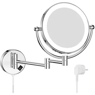 Nicesail Kosmetikspiegel mit Beleuchtung Wandmontage 5X Vergrößerungsspiegel für Bad - Dünner Rahmen - mit Stecker - Bohren Installation - Rasierspiegel - Ausziehbar Schminkspiegel Chrom,Φ 20cm