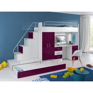 Doppelstockbett  Etagenbett Bett Schreibtisch +Schrank Multifunktion Hochbett - Weiß