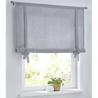 Cottage Kariertes Raffrollo Raffgardine mit Tunnelzug für Gardinenstangen, Landhaus-Gardine Küche Karo weiß-grau, Bindegardine, Rollgardine, Breite 80 cm x Höhe 100 cm