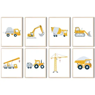 MeinBaby123® Bilder Baufahrzeuge | 8er Set DIN A4 | Bagger, Kran, Baumaschine, Kipplaster | Poster Kinderzimmer | Deko Bilder Kinderzimmer Junge | Babyzimmer | Premium Qualität (Bagger V5)
