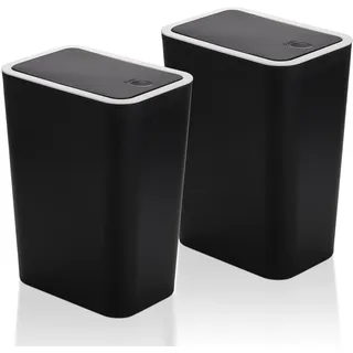 Fasmov Mülleimer, 2 Stück, 7,5 Liter, Kunststoff-Müllbehälter mit Druckdeckel, Mülleimer für Küche, Bad, Wohnzimmer, Büro, schmaler Ort, Schwarz