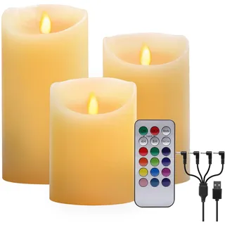 LED RGB Kerzen Flammenloses Kerzenlichter, USB Multicolor Teelichter Warmweiß LED Kerze Lichter Docht Flackernde Echtwachs Elektrischer LED Lampe mit Fernbedienung Timerfunktion Haus Dekoration