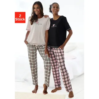 Pyjama, Damen, Gr. 32/34, bunt (schwarz, schwarz, weiß, kariert, rosa, rosa, schwarz, kariert), Single Jersey, Obermaterial: 100% Baumwolle, VIVANCE DREAMS BY LASCANA, loose fit lang, Rundhals, eingesetzt Overlocknaht kontrastfarben, Homewear-Sets Pyjama, im Doppelpack mit Karomuster, Topseller