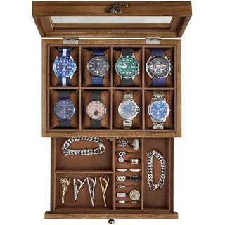 SONGMICS Uhrenbox mit 8 Fächern, Uhrenkasten aus Massivholz, mit Glasdeckel, Uhrenkissen, Schmuckaufbewahrung, Geschenk für Ihre Liebsten, walnussfarben JOW008K01