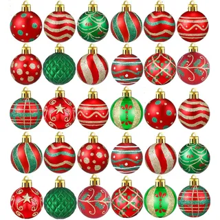 30 Stück Christbaumkugel Set,Weihnachtskugeln Christbaumschmuck Weihnachtsbaum mit Kugeln dekorieren Baumspitze für Weihnachtsdeko(Rot und Grün)