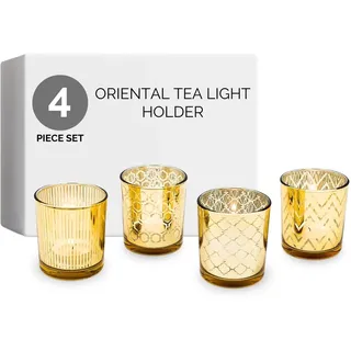 Teelicht-Gläser Set aus Glas inkl. Teelichter - Kleine edle Teelicht Kerzen-Halter mit Verzierungen - Windlichter Kerzenglas - Geschenk Dekoration für Hochzeit, Geburtstag, Weihnachten (Gold 4er Set)