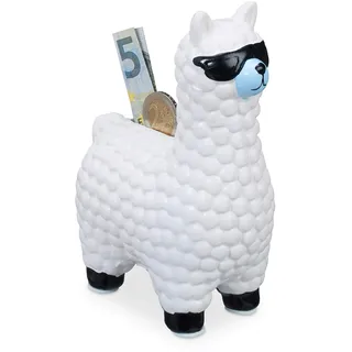 Relaxdays Lama Spardose, mit Sonnenbrille, Geschenkidee & Deko, Alpaka Sparbüchse aus Keramik, HBT 15,5 x 11 x 6cm, weiß