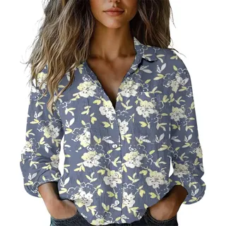 Boho Musselin Bluse & Tuniken für Damen Blumenmuster Elegant Sommer Ausgefallene Leinenbluse Tunika Große Größen Langarm Longbluse Damenblusen