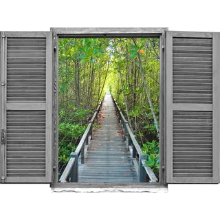 Queence "Brücke im Wald", Wandsticker, Wandbild, selbstklebend, 3D, Fenster,