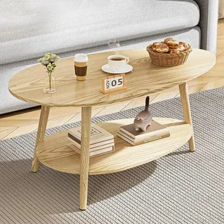 Table Basse, Massivholz Teetisch, Oval Doppelschicht Couchtisch, Runder Tisch für das Wohnzimmer, Couchtisch, Seitentisch, Teetisch, Natur