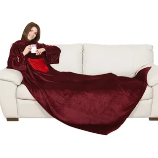 Kanguru Kuscheldecke mit ärmeln, Sofa Decke zum anziehen 210x140 cm, mit zentrale Tasche, weiche Flannel mikrofaser, tv tagesdecke, fleecedecke, tragbare und Oversize ROT