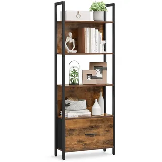 VASAGLE Bücherregal mit 5 Ebenen, Eckregal mit Schublade, Leiterregal, Industrial-Design, mit Stahlrahmen, für Wohnzimmer, Home Office, Schlafzimmer, 24 x 60 x 165 cm, vintagebraun-schwarz LLS147B01