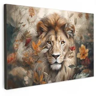 MuchoWow Leinwandbild Löwe - Wildtiere - Pflanzen - Natur - Blumen XXL 150x100 cm , Textil , Rechteckig , 150x100 cm , FSC 100% , gerahmt , Bilder & Rahmen, Bilder, Leinwandbilder