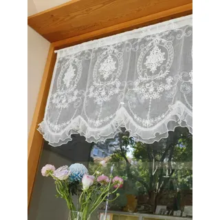 Devola Scheibengardine Barock Bistrogardine Französisch Küchengardinen mit Blumen Stickerei Gardine Spitze Weiß Transparente Deko Vorhänge Kurz HxB 65x112cm 1 Stück
