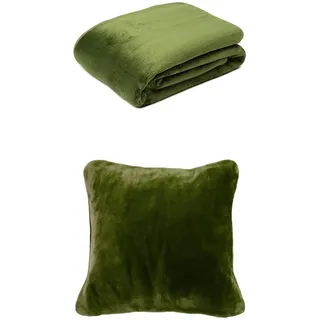 Gözze Premium Cashmere-Feeling Decke und 2er Set Cashmere-Feeling Kissen, 180x220 cm + 50x50 cm, Farbe: dunkelgrün