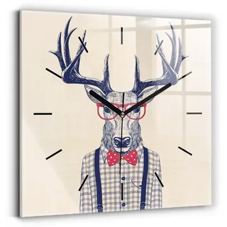 Wallfluent Wanduhr – Stilles Quarzuhrwerk - Uhr Dekoration Wohnzimmer Schlafzimmer Küche - Zifferblatt mit Striche - schwarze Zeiger - 30x30 cm - Hirsch im Hemd - Rot