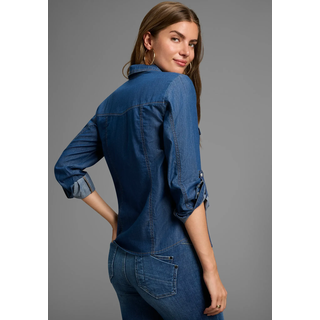 Jeansbluse ARIZONA "mit Druckknöpfen in Perlmuttoptik", Damen, Gr. 44, blau (dk blau used), Jeans, Obermaterial: 100% Baumwolle, Basic, figurbetont, mit Druckknöpfen, Blusen Jeansbluse, und Krempelärmeln, Topseller