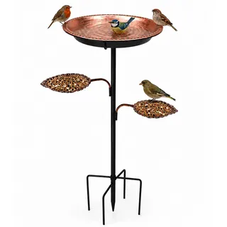 Vogeltränke mit Futterschalen, 89 cm Vogelbad Stehend für Garten, Metall Vogeltränke für Wildvögel, Wetterfest & Rostbeständig, Abnehmbare Wasserschale, Stabile 5-Zinken-Basis, Vogel Futterstation