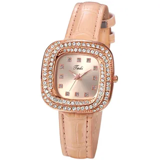 JewelryWe Damenuhr Leder Quadratische Uhr: Damen Glitzer Zirkonia Analog Quarz Armbanduhr Rosa Schwarz Lederarmband Kleine Lässige Uhr mit Eckigem Diamant Wirbel-Gehäuse