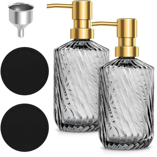 2er-Set Seifenspender Glas 450 ml mit 2 schwarzen Untersetzern & 1 Trichter – Nachfüllbarer Soap Dispenser für Küche & Bad, Grau