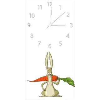 Wallario Design Wanduhr Lustiger Hase mit Möhre im Comic Stil aus Echtglas, Größe 30 x 60 cm - Weiß