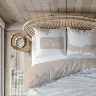 MTOnlinehandel TRAUMHELDEN Landhaus-Stil Bettwäsche 135x200 + 80x80 cm · Bergliebe · 100% Baumwolle mit Reißverschluss · Berge Motiv Bettwäsche-Set