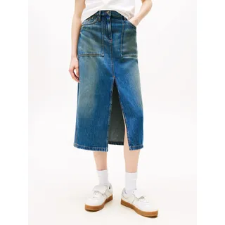 Jeansrock TOMMY JEANS "CLAIRE MIDI SKIRT UTILITY CI2037", Damen, Gr. 32, blau (denim medium), Denim/Jeans, Obermaterial: 100% Baumwolle, unifarben, ca. Mitte Wade, Röcke Jeansrock