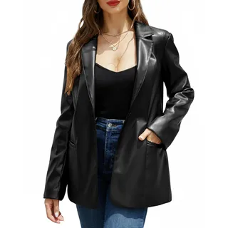 RISISSIDA Damen-Blazer-Jacken/Shacket aus Kunstleder, für Frühlings- und Herbstmode, veganes Leder, Button-Down-Mäntel, Blazer-Schwarz, S