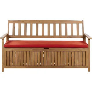 BELIANI 3-Sitzer Gartenbank Hellbrun Akazienholz 160 cm mit Stauraum Auflage Rot Armlehnen Rückenlehne Latten-Optik Garten Terrasse Wintergarten - Braun, Rot