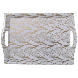 Drw Rechteckiges Tablett aus Melamin mit Griffen und Blumen in Gold und Weiß, 5 x 31 x 44 cm