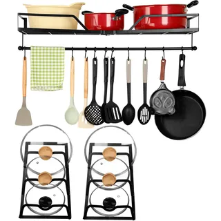 BELLE VOUS 3-in-1 hängendes Pfannenregal - Küchenregal - Hängeregal - Haken für 10 Pfannen, ein Küchenregal und abnehmbare Schienen - Küchenregal Wand - Wandregal Küche