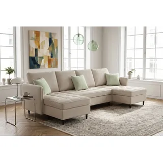 Wohnlandschaft DOREL HOME "LINDHUS, U-Form, Breite 250 cm, verschiedene Stellvarianten, Modulsofa", creme, B:250cm H:80cm T:130cm, 93% Polyester, 7% Nylon, Sofas, Wohnlandschaft, Recamiere, Stauraum, Cord und Chenille-Bezug