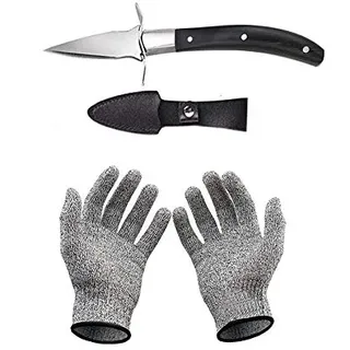 Set mit Austernmesser und Schnittfeste Handschuhe Austernöffner und Schnittschutzhandschuhe für Muscheln oder Hartkäse geeignet - Oyster Knife (Küche, Gartenarbeit, DIY) (Mittel/Schwarz)