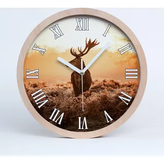 Holzuhr 25fi cm wanduhr - weiße Spitzen - Hirsch Sonnenaufgang - Braun