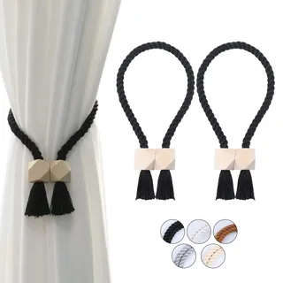 OCIOLI 2 Stück Starke magnetische Vorhang-Raffhalter, Vorhanghalter, Outdoor-Vorhang-Raffhalter, Baumwolle, handgewebt, Raffhalter, Vorhangbänder für Vorhänge (2, Schwarz)