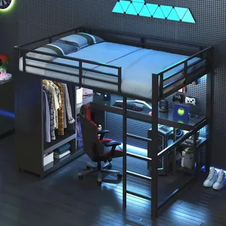 FAVSH Hochbett 140x200 Erwachsene mit LED Ambienteeffekt, Bett mit Schreibtisch und Gerade Leiter, offenem Kleiderschrank und Ablagefächern, Perfekt für Jugendzimmer & Gaming-Raum