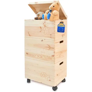 Pinus Spielzeugkiste 3er Set Motiv mit Deckel 39x30x74 cm stapelbar Rollen | Kiefernholz, 3 Boxen stapelbar, für Spielzeug Bücher Figuren, Kinderzimmer Ordnung, leicht beweglich, staubgeschützt