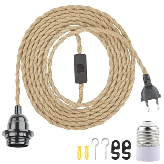 BlueXP E27 Lampenfassung mit Schalter und Stecker Fassung E27 mit 4,5m Hanfseilkabel für DIY Hängende Pendelleuchte Vintage Stehleuchten Hängelampe Kronleuchter