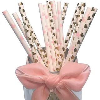 Rosa Gold Herz Papier Trinkhalme, 19.7 cm Long, 100 Stück/Set Biologisch Abbaubar Herz Pastellfarben Papier Strohhalme Einweg Geeignet für Partys, Hochzeiten und Anlässe, Party