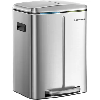 SONGMICS Mülleimer Küche, 2 x 20 L, Mülltrennsystem 2 Fächer, Edelstahl | Treteimer, Inneneimer aus Kunststoff, Softclose-Deckel, mit Griffen, geruchsdicht, silber, ISLAND Kollektion LTB40NL