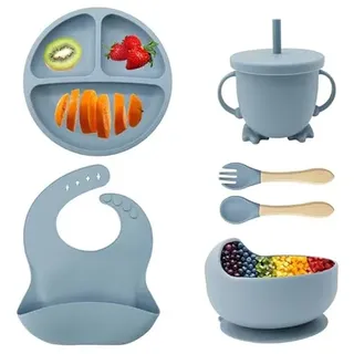Eliano 6-teiliges Silikon-Baby-Geschirrset – rutschfester Teller & Schüssel, Becher mit Strohhalm, Löffel, Gabel & Lätzchen – BPA-frei, spülmaschinenfest, mikrowellengeeignet, ab 6 Monaten (Blau)