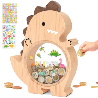 Summidate Dinosaurier Sparschwein aus Holz für Kinder und Jungen, süße Dino Spardose aus Holz für Kleinkinder, kreatives Sparschwein, personalisiertes Geschenk für Kindergeburtstag und Dekoration
