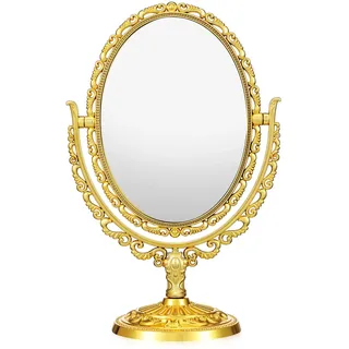 FOMIYES Schminkspiegel, ovale Form, stehender Make-up-Spiegel, goldener Vintage-Tisch-Make-up-Spiegel, doppelseitiger Drehspiegel für Schminktisch, Badezimmer, Schlafzimmer, hochauflösend (Gold)