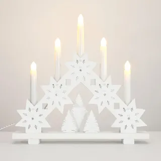 Lewondr Kerzenleuchter Weihnachten, Dekorativ LED Bogen Weihnachten Holz Weihnachtslichter Fensterbank mit 5 Kerzenlichtern Flammenlos Kerzenbrücke Schwibbogen für Advent Innen, USB-betrieben, Weiß