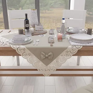 PETTI Artigiani Italiani - Quadratische Mitteldecke, Baumwolle mit Sangallo-Spitze und Schleifen, 95 x 95 cm, Beige