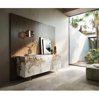 DELIFE Sideboard Cuor 180 cm Keramik Minas Melange Weiß-Beige 2 Türen 3 Schubfächer Fuß Schwebeoptik Acrylglas - Weiß, Beige