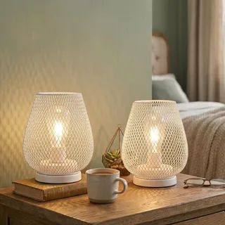 JHY DESIGN 2er Set LED-Laterne aus Metallkäfig Batteriebetriebene Lampe Kabellos 17cm hoch Industrial Wohnzimmer Batterie Tischlampe für Dekorative Drinnen Draußen Hochzeiten(Weiß)
